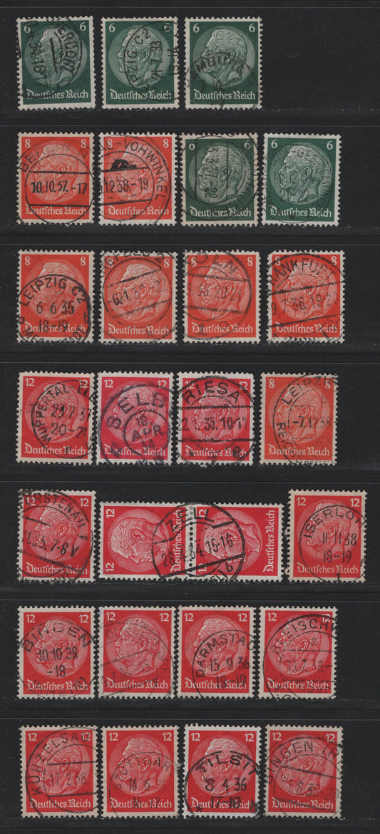 Lot 272 Germany SC#419-420, 422 (516x-517x, 519x) 6pf - 12pf Dark Green - Carmine, 1933-1936 Hindenburg Issue, 26 Fine/Very Fine Used Singles, Selection of Town Cancels