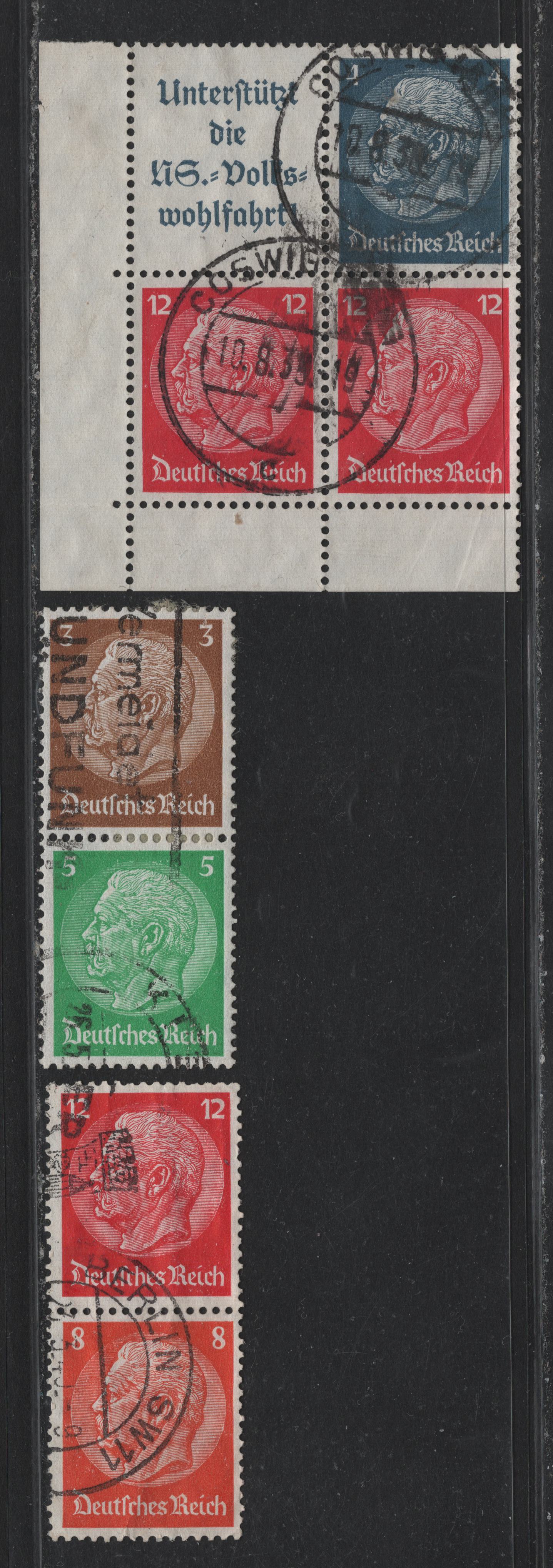 Lot 273 Germany SC#417, 420, 422(S155, S163, S199, S127) 3pf - 12pf Brown - Carmine , 1933-1936 Hindenburg Issue, 3 Fine/Very Fine Used Booklet Pairs & Block
