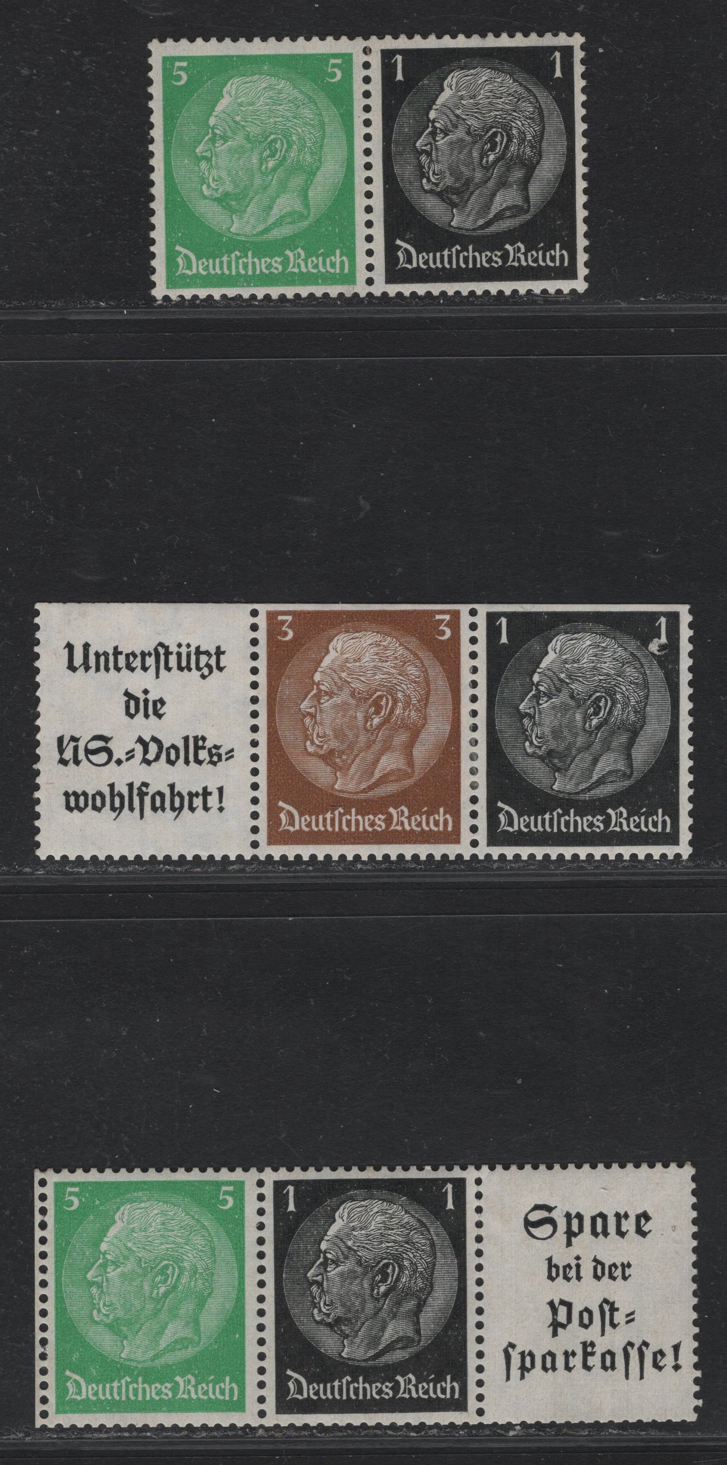 Lot 274 Germany SC#415-416, 418(W59,W76, W96) 1pf - 5pf Black - Emerald , 1933-1936 Hindenburg Issue, 3 VFOG/NH Booklet Pairs & Coil Strips