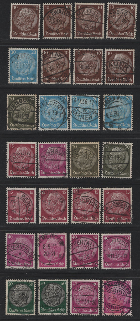 Lot 275 Germany SC#421, 423/428 (518x, 520x-522xa, 523x-525x) 10pf - 50pf Chocolate - Dark Green & Black, 1933-1936 Hindenburg Issue, 28 Fine/Very Fine Used Singles, Selection of Town Cancels