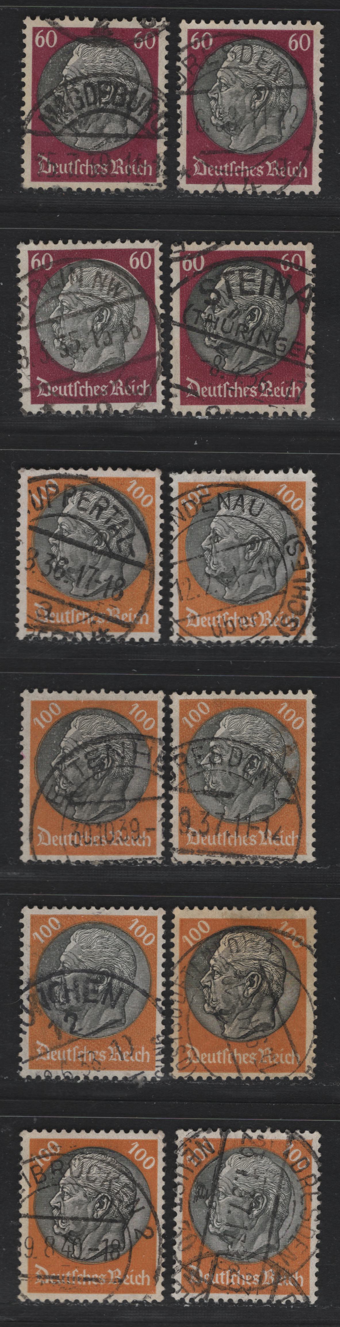 Lot 278 Germany SC#429, 431 (526x, 528x) 60pf - 100pf Claret & Black - Orange & Black , 1933-1936 Hindenburg Issue, 12 Very Fine Used Singles, A Selection of CDS Town Cancels