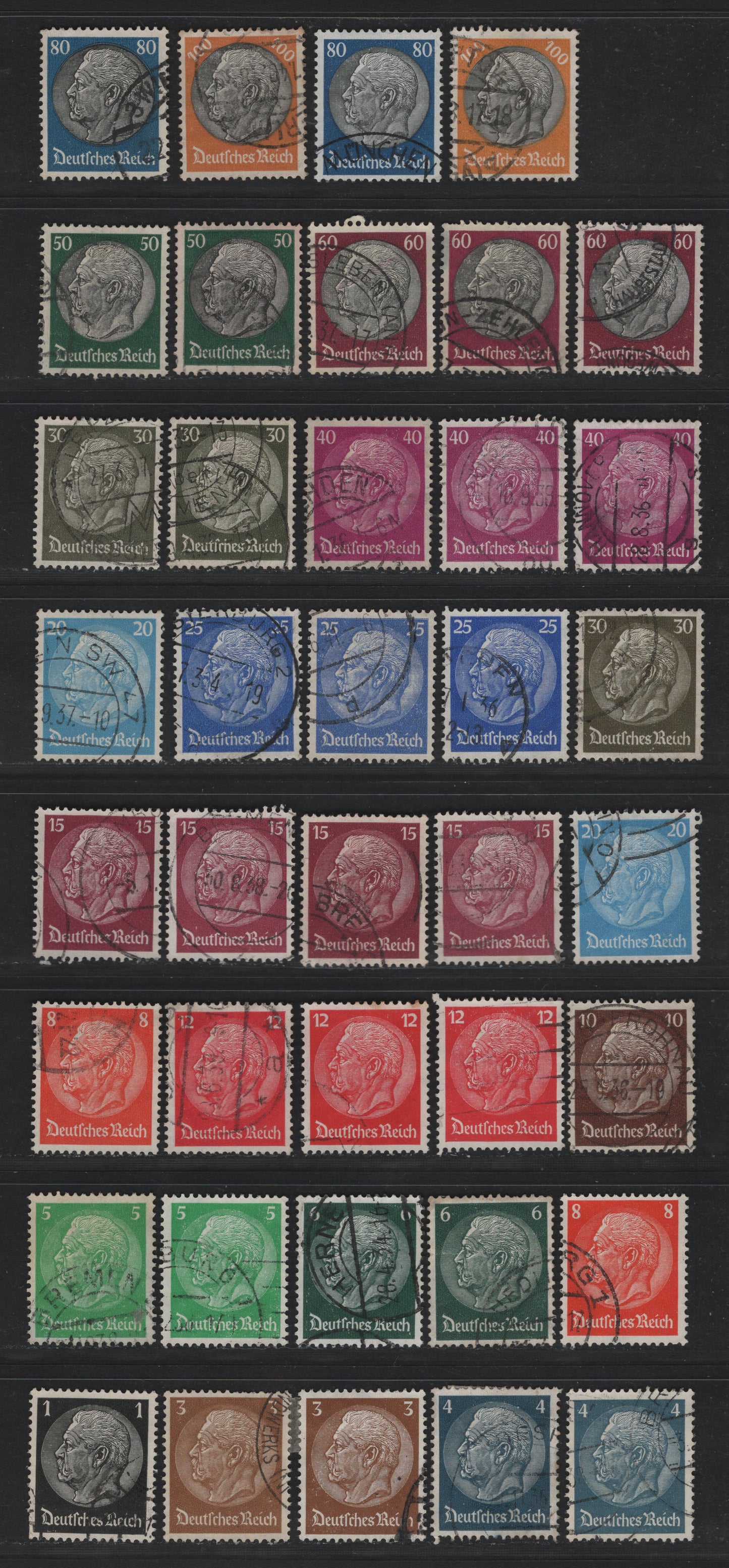 Lot 279 Germany SC#415-431 (512x-528x) 1pf - 100pf Black - Orange & Black , 1933-1936 Hindenburg Issue, 39 Very Fine Used Singles, Super Specialized Group Consisting Of A Full Set With Up To 4 Shades Of Most Values