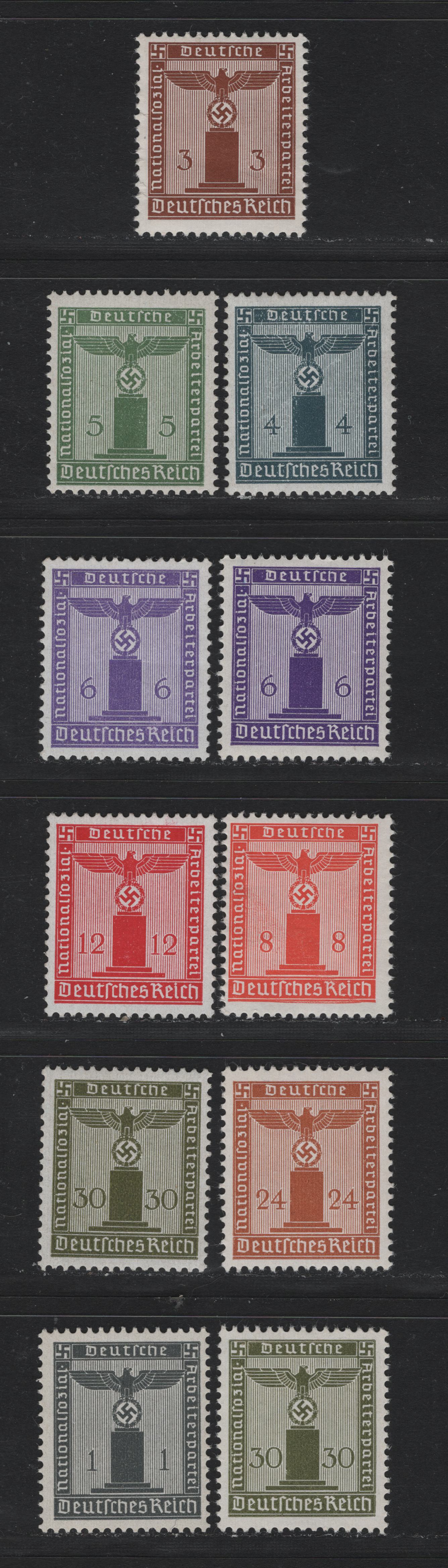 Lot 280 Germany SC#512-518, 520-521 1pf - 30pf Gray Black - Deep Olive Green , 1942 Franchise, 11 F/VFNH Singles, Unwatermarked, Includes 2 Shades Of the 6pf+30pf