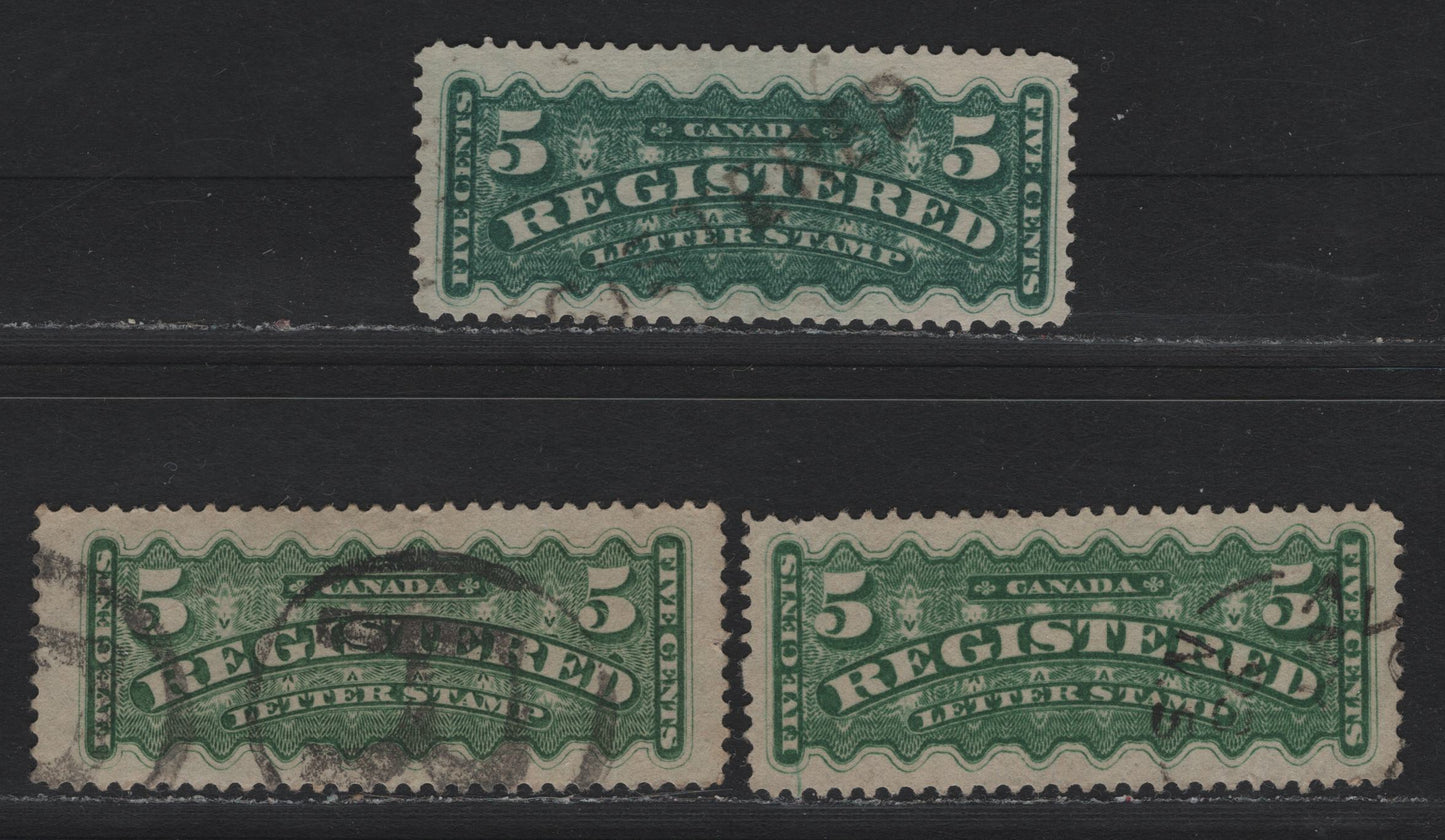 Lot 28 (C) Canada #F2i, F2a 5c Green & Blue Green , 1875-1896 Registration Issue, 3 Very Fine Used Singles, Second Ottawa Printings, All On Soft Vertical & Horizontal Wove Papers