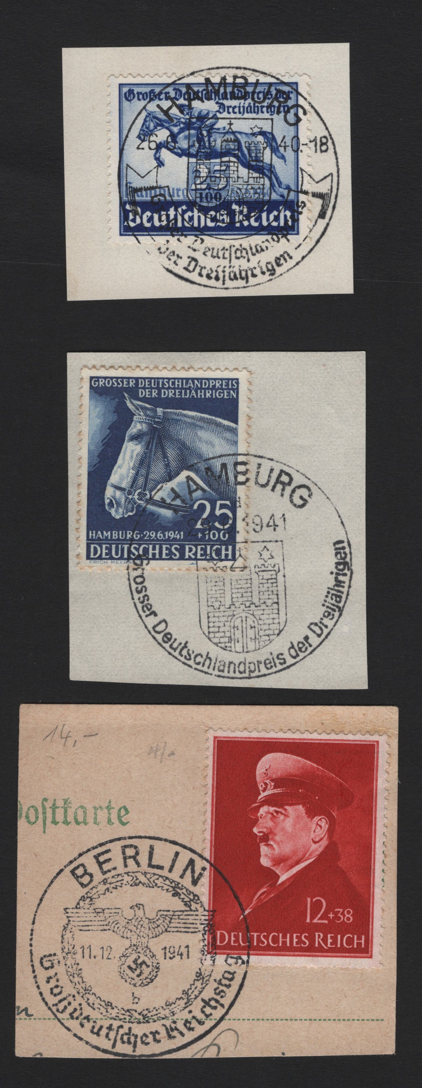 Lot 281 Germany SC#B172, B190-B191 (746, 772x, 779) 25pf+100pf - 25pf+100pf Deep Ultramarine - Sapphire , 1940-1941 Blue Ribbon Race, 3 Fine/Very Fine Used Singles, Singles On Piece Tied With Berlin & Hamburg Commemorative Cancels