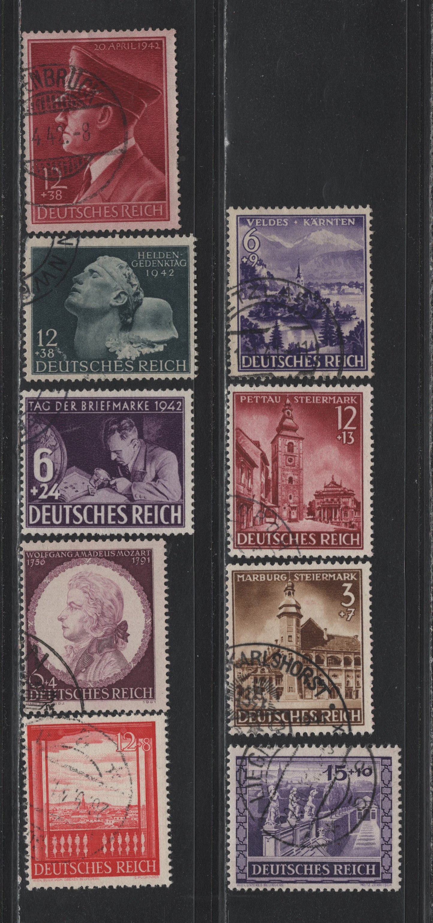 Lot 285 Germany SC#B194-B203 (804/813x) 3+7pf - 12+38pf Brown - Lake , 1941-1942 Annexation of Styria & Curinthia - Hitler 53rd Birthday Issues, 9 Fine/Very Fine Used Singles, The Birthday Stamp Is On Horizontal Wove Paper