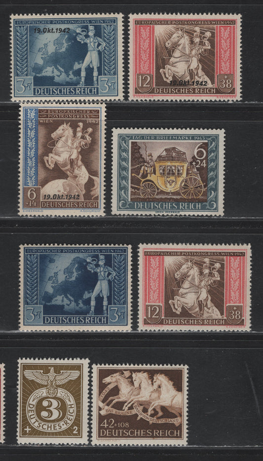Lot 290 Germany SC#B205, B209, B211-B215, B217 (815/830) Brown - Olive Bistre, 1942-1943 9th Brown Ribbon Race - Nazi Emblem Issues, 8 F/VFNH Singles