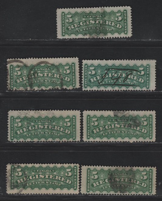 Lot 29 (C) Canada #F2i, F2a 5c Green & Blue Green, 1875-1896 Registration Issue, 7 Fine Used Singles, Second Ottawa Printings, Perf 12 On A Variety Of Soft Vertical & Horizontal Wove Papers