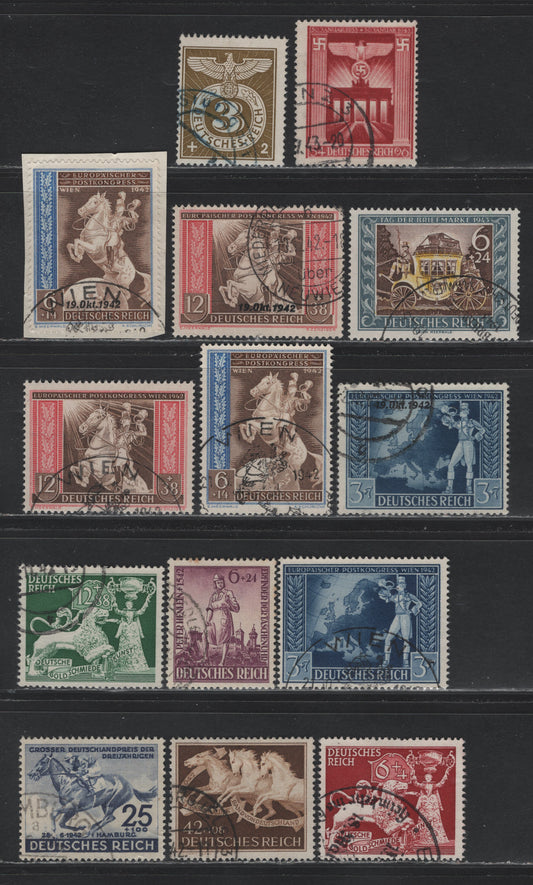 Lot 291 Germany SC#B204-B217 (814/830) Dark Blue - Olive Bistre, 1942-1943 73rd Hamburg Derby - Nazi Emblem Issues, 14 Fine/Very Fine Used Singles