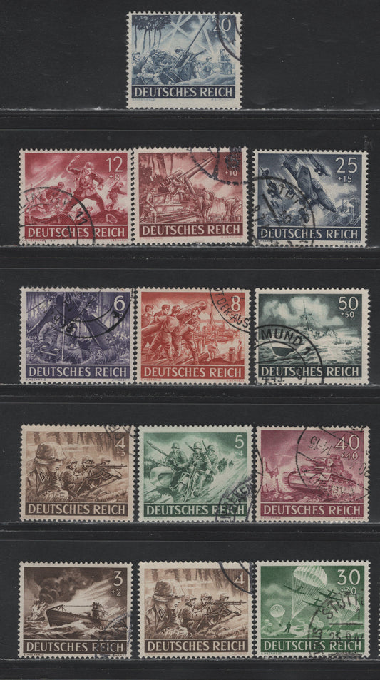 Lot 292 Germany SC#B218-B229 (831x/842y) 3+2pf - 50+50pf Dark Brown - Blackish Blue Green, 1943 Army & Hero Memorial Day Issue, 13 Fine/Very Fine Used Singles, Horizontal & Vertical Wove Papers On The 4+3pf, One or the Other For The Other Values