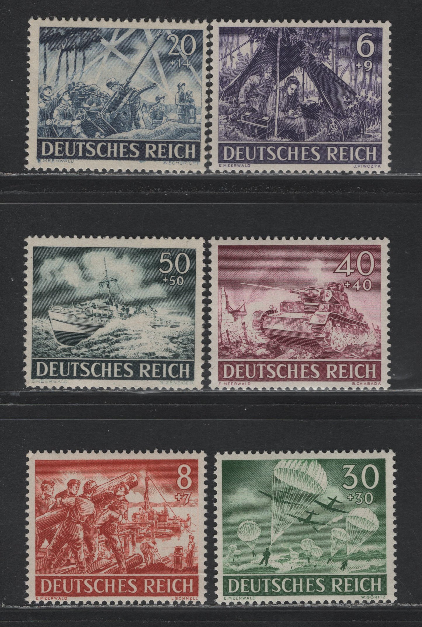 Lot 294 Germany SC#B218/B229 (831x/842y) 6+9pf - 50+50pf Violet - Blackish Blue Green , 1943 Army & Hero Memorial Day Issue, 6 F/VFNH Singles
