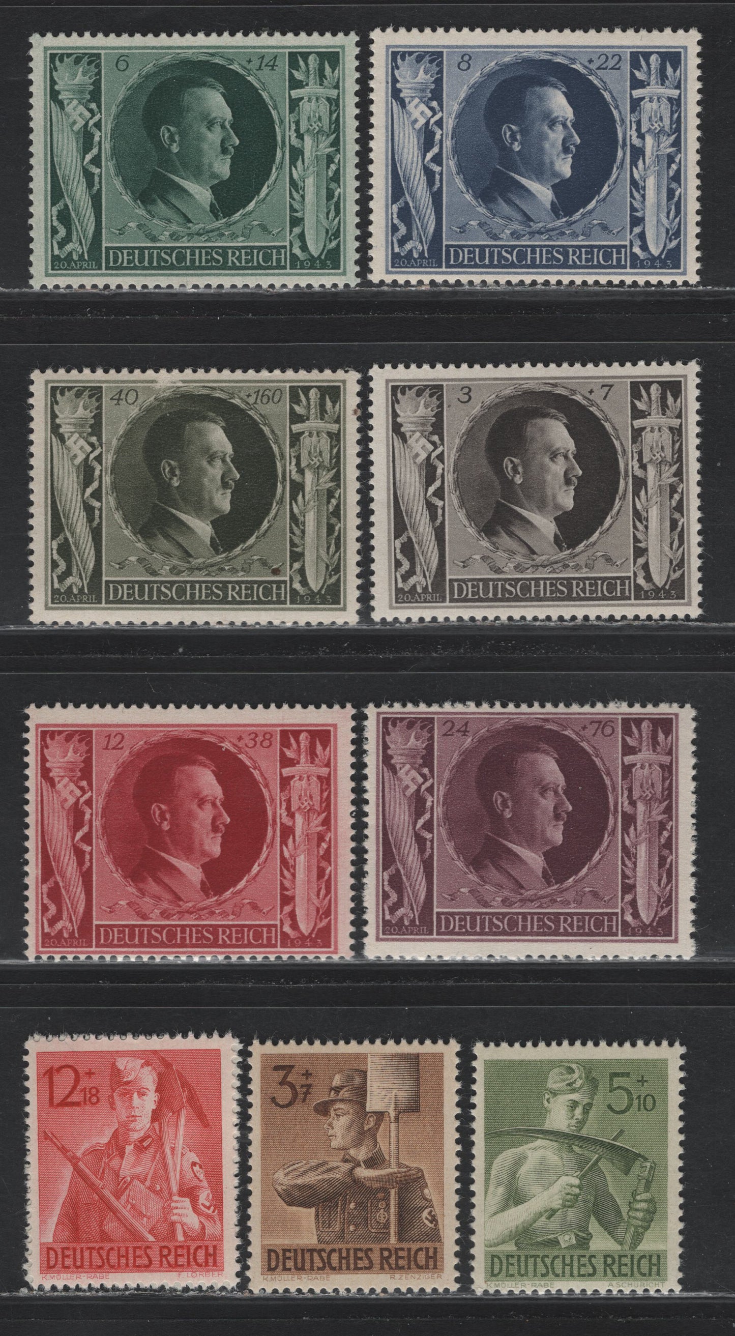 Lot 295 Germany SC#B231-B240 (844/853) 3+7pf - 12+18pf Brown Black - Dark Red , 1943 Hitler's 53rd Birthday - Reich Labor Service Issues, 9 F/VFNH Singles