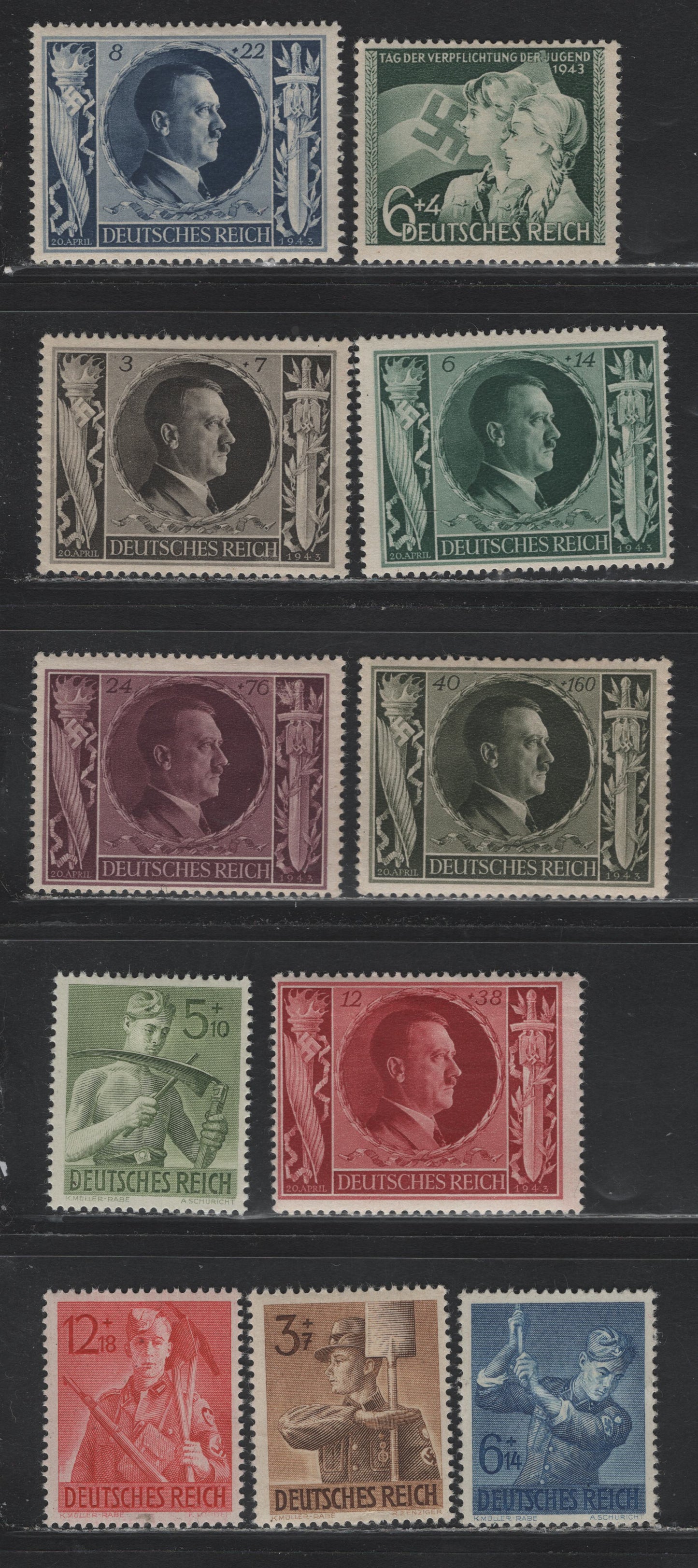 Lot 296 Germany SC#B230-B240 (843-853) 6+4pf - 12+18pf Dark Green - Dark Red , 1943 Day of Youth Obligation - Reich Labor Service Issues, 11 F/VFOG Singles