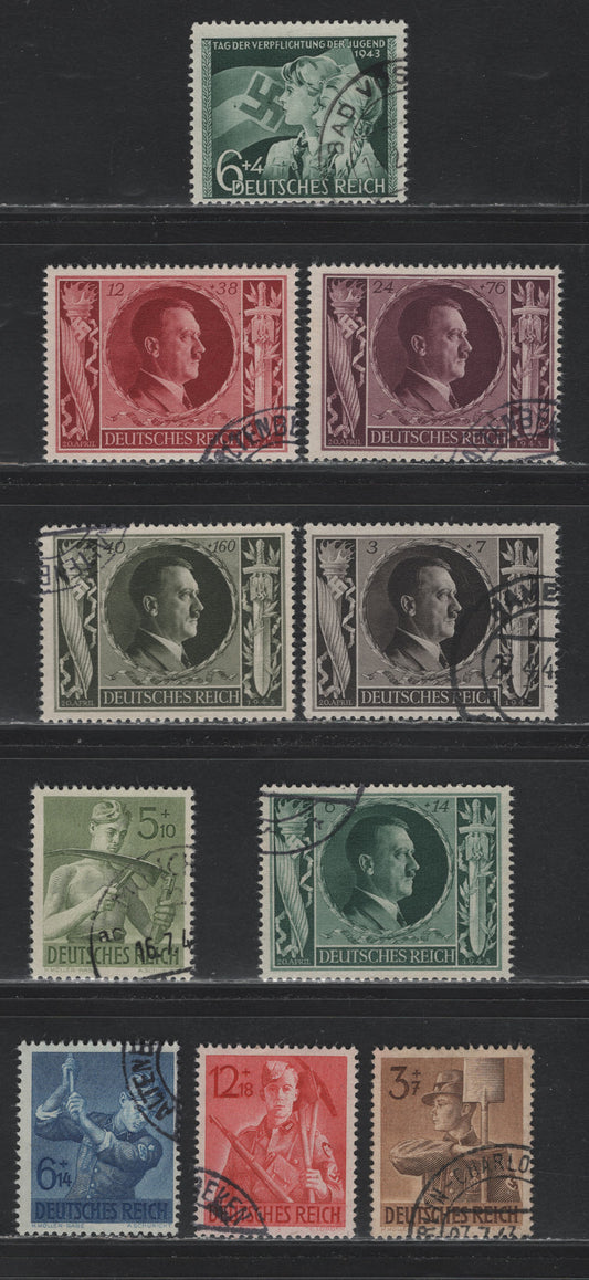 Lot 297 Germany SC#B230-B232, B234-B240 (843-845, 847-853) 6+4pf - 12+18pf Dark Green - Dark Red, 1943 Day of Youth Obligation - Reich Labor Service Issues, 10 Fine/Very Fine Used Singles