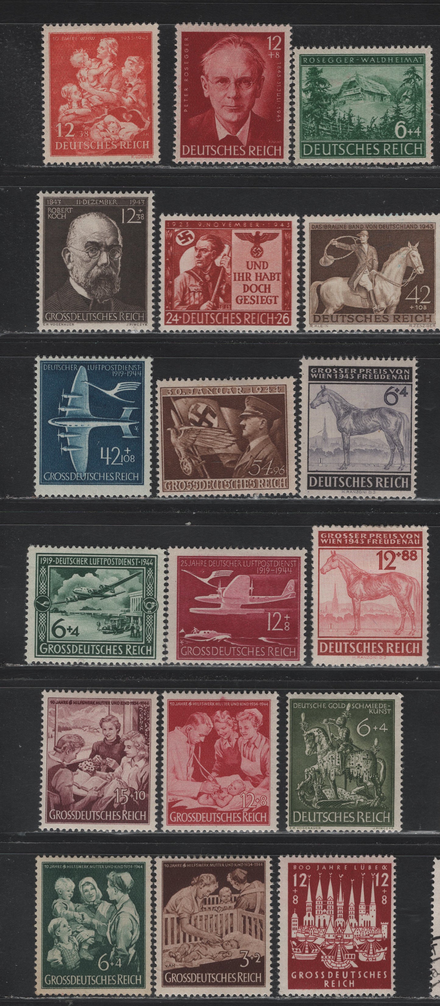 Lot 298 Germany SC#B241-B256 (855/872) 6+4pf - 15+10pf Green - Violet Brown , 1943-1944 Peter Rosegger - 10th Anniv of Mother & Child Aid Issues, 18 F/VFOG Singles