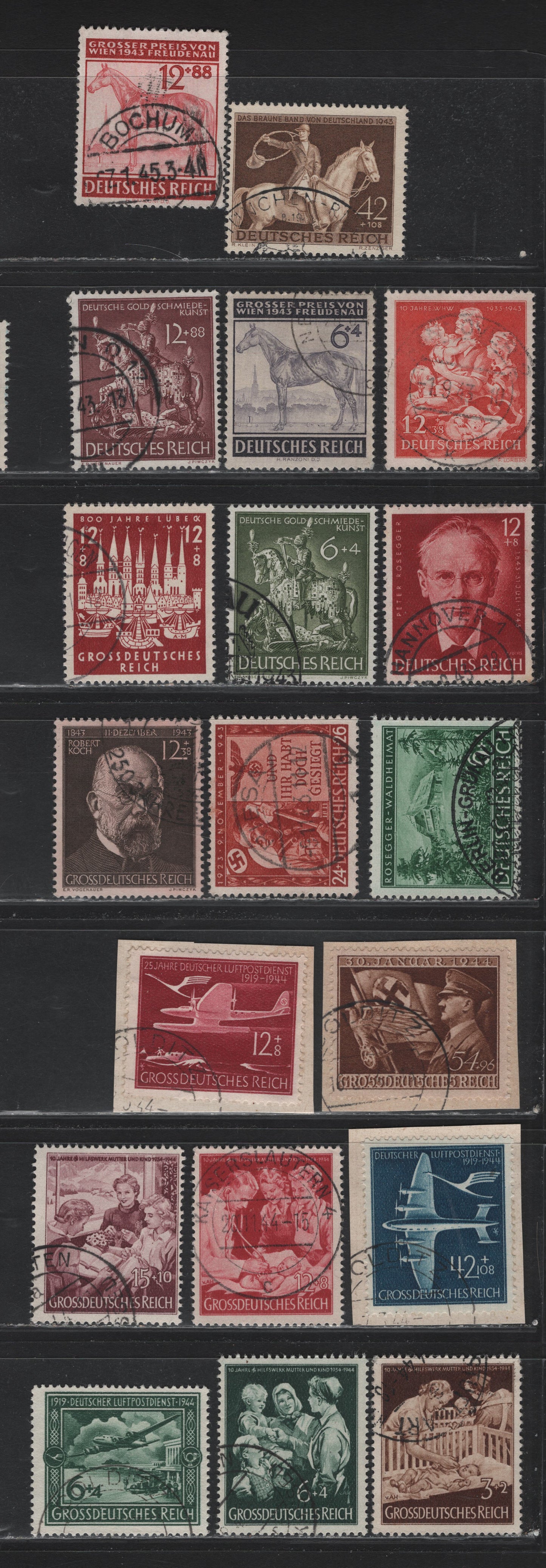 Lot 299 Germany SC#B241-B256 (855/872) 6+4pf - 15+10pf Green - Violet Brown , 1943-1944 Peter Rosegger - 10th Anniv of Mother & Child Aid Issues, 19 Fine/Very Fine Used Singles, As Lot 298 But Used