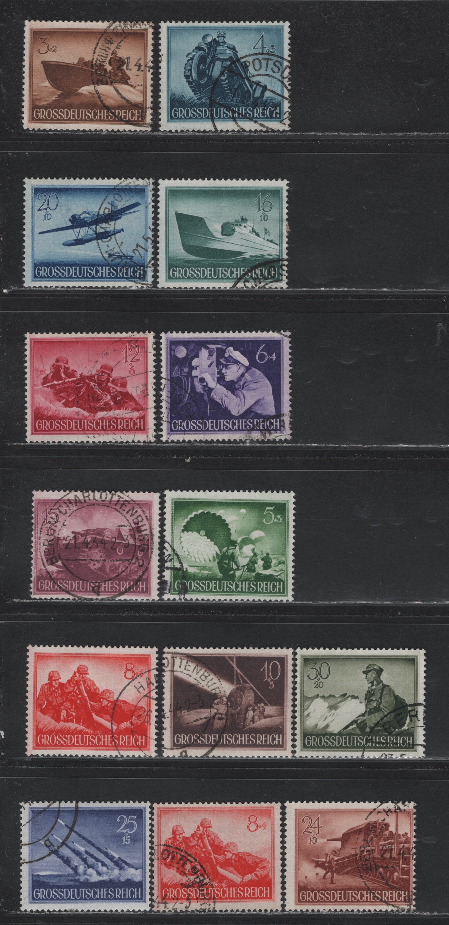 Lot 300 Germany SC#B257-B269 (873y-885y) 3+2pf - 30+20pf Yellow Brown - Olive Green , 1944 Hero Memorial Day Issue, 14 Fine/Very Fine Used Singles, Used Set Mostly On Horizontal Wove Paper, With Both Horiz & Vert Papers Of The 8+4pf Orange Vermillion