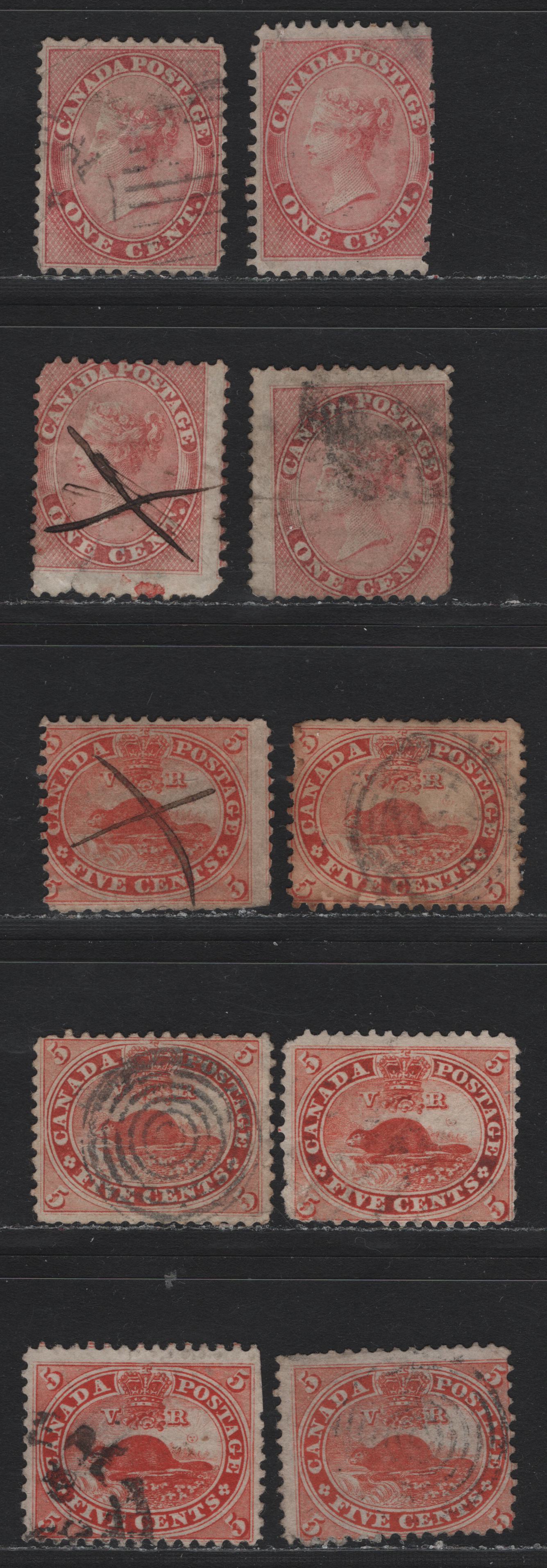 Lot 3 (C) Canada #14, 15 1c - 5c Rose - Orange Red Queen Victoria - Beaver, 1859-1864 First Cents Issue, 10 Ungraded Used Singles, Study Group of 4x1c & 6x5c, Completely Unchecked As To Specific Paper Types or Perfs, Small To Moderate Faults.