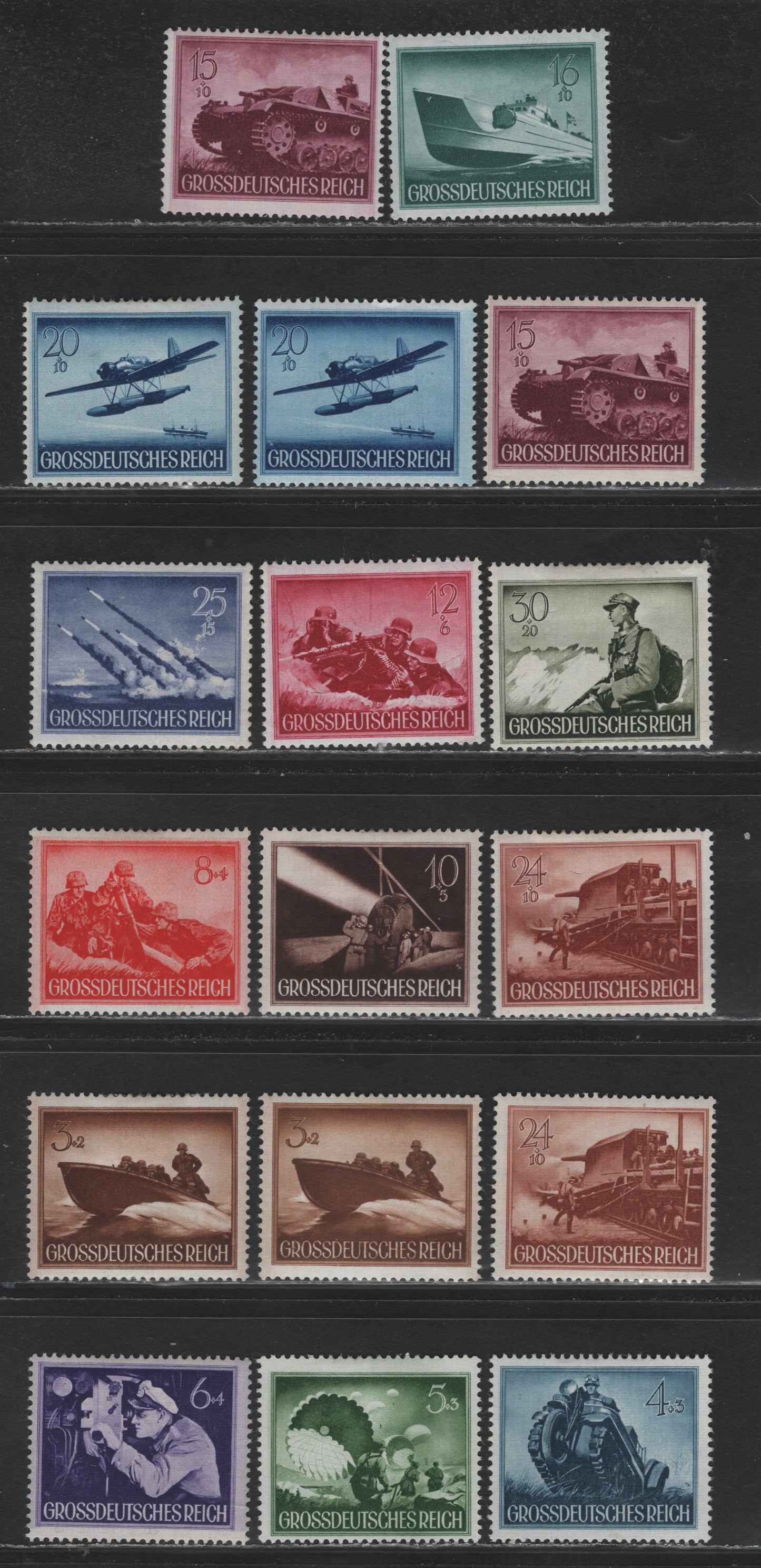 Lot 301 Germany SC#B257-B269 (873y-885y) 3+2pf - 30+20pf Yellow Brown - Olive Green , 1944 Hero Memorial Day Issue, 17 F/VFOG Singles, Complete Set, All Horizontal Wove Paper With A Few Extra Shades Of Some Values, Except 8+4pf Which Is Vertical Wove.