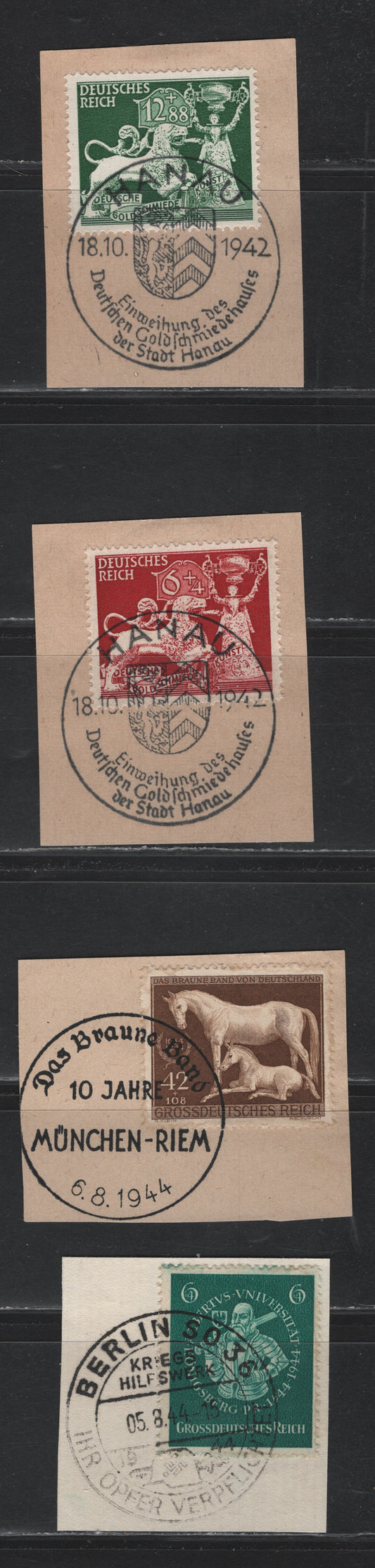 Lot 302 Germany SC#B206-B207, B280, B283 (816-817, 896, 899) 6+4pf - 42+108pf Copper Red - Brown, 1942-1944 German Goldsmith's Society - 11th Brown Ribbon Issue, 4 Fine/Very Fine Used Singles, Singles On Piece With Commemorative Cancels