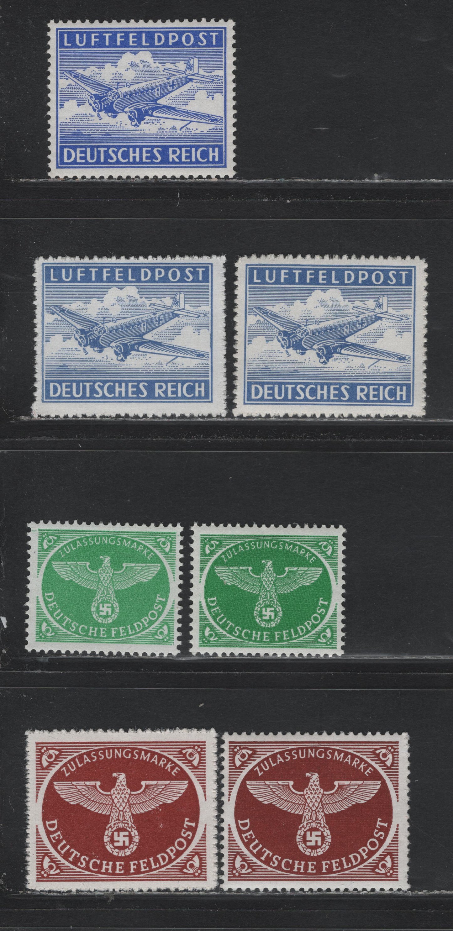 Lot 303 Germany SC#MC1-a, MQ1-a. MQ2 (1Ax, 1Bx-y, 2Ax, 2Bx) Ultramainre - Bright Emerald , 1942-1944 Military Airpost - Military Parcel Post Issue, 7 F/VFNH Singles, Different Gum Varieties As Listed In Michel