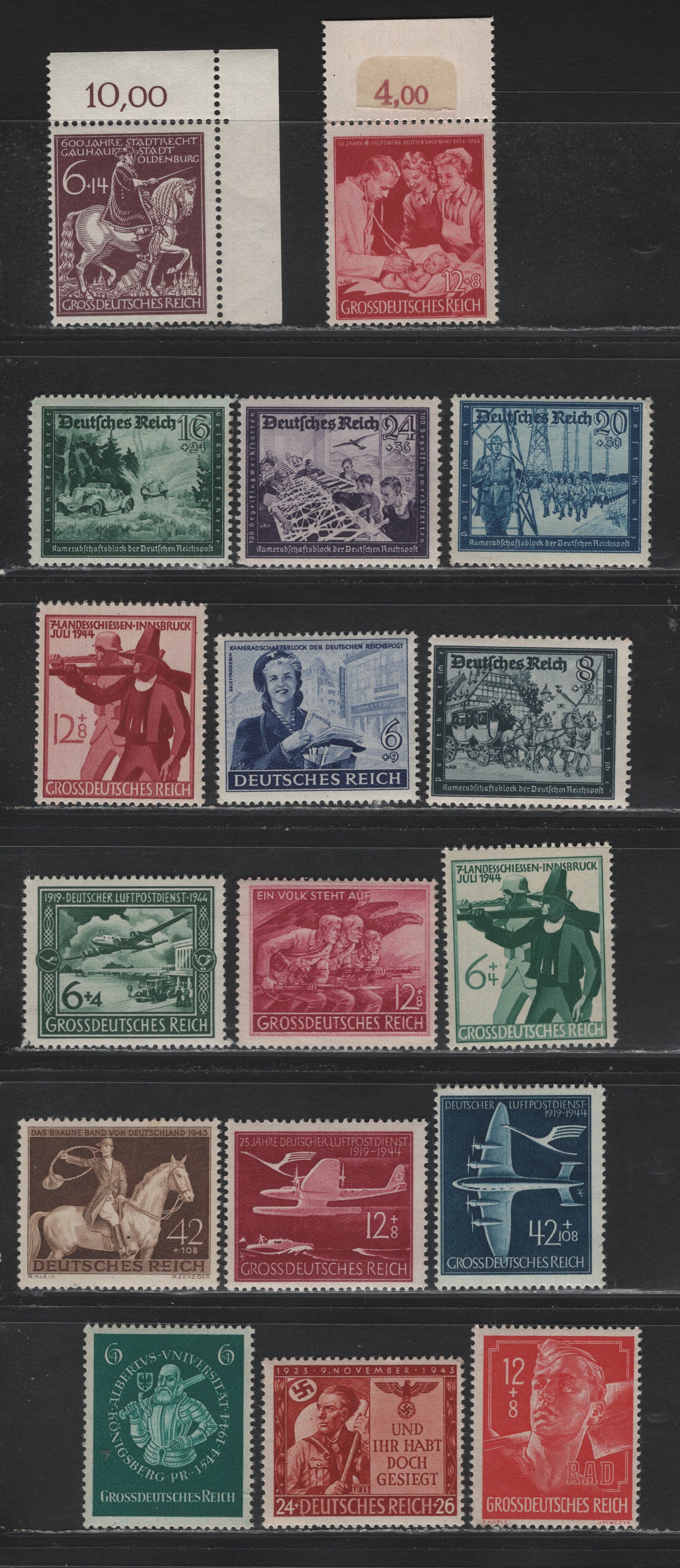 Lot 306 Germany SC#B243, B250, B252A-C, B255, B272-B273, B275-B282, B290-B291 42+108pf = 12+8pf Brown - Rose Carmine , 1943-1943 10th Brown Ribbon - Proclamation of People's Army Issues, 17 F/VFNH Singles