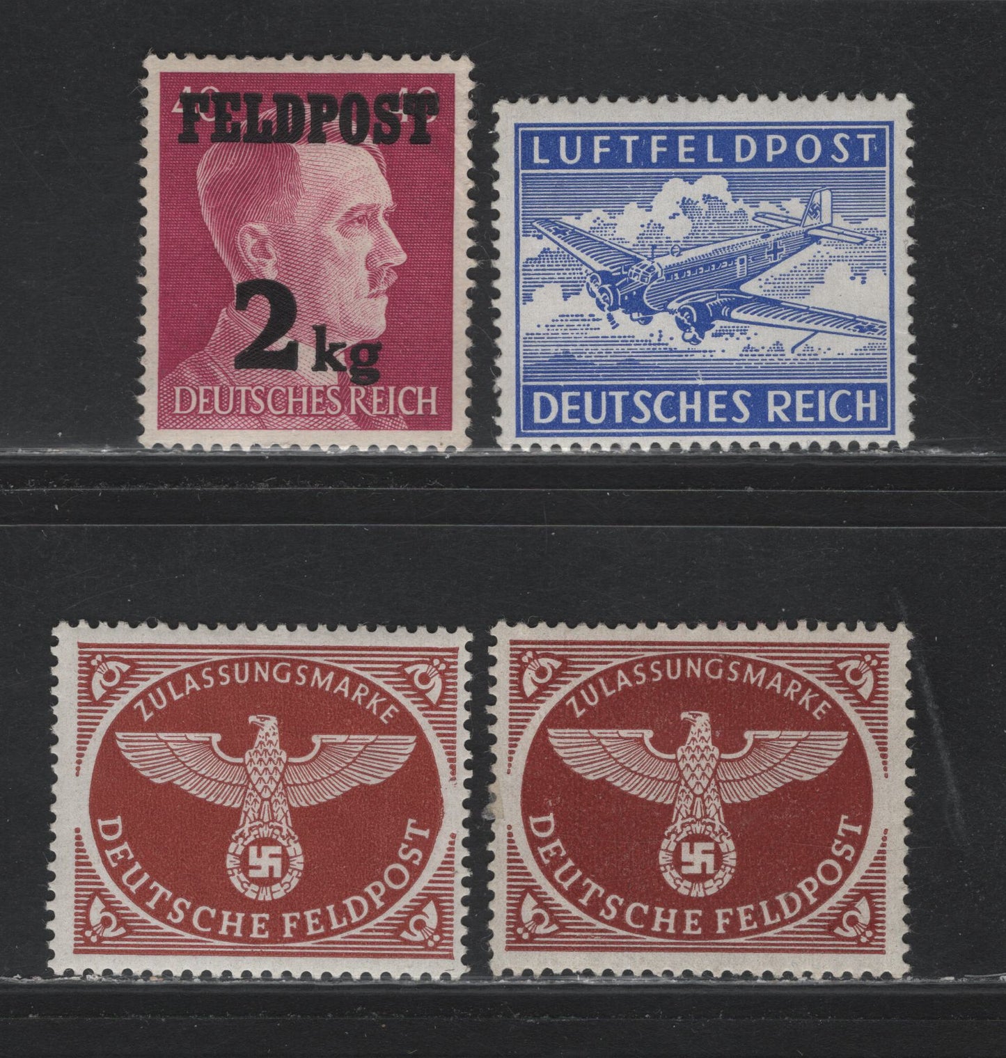 Lot 307 Germany SC#MC1, MQ1, MQ3 2kg on 40c Ultramainre - Bright Red Violet , 1942-1944 Military Airpost - Military Parcel Post Issue, 4 VFOG Singles, Includes Vertical Wove Red Brown (2 Shades) With Ribbing & Vertical Wove Ultramarine