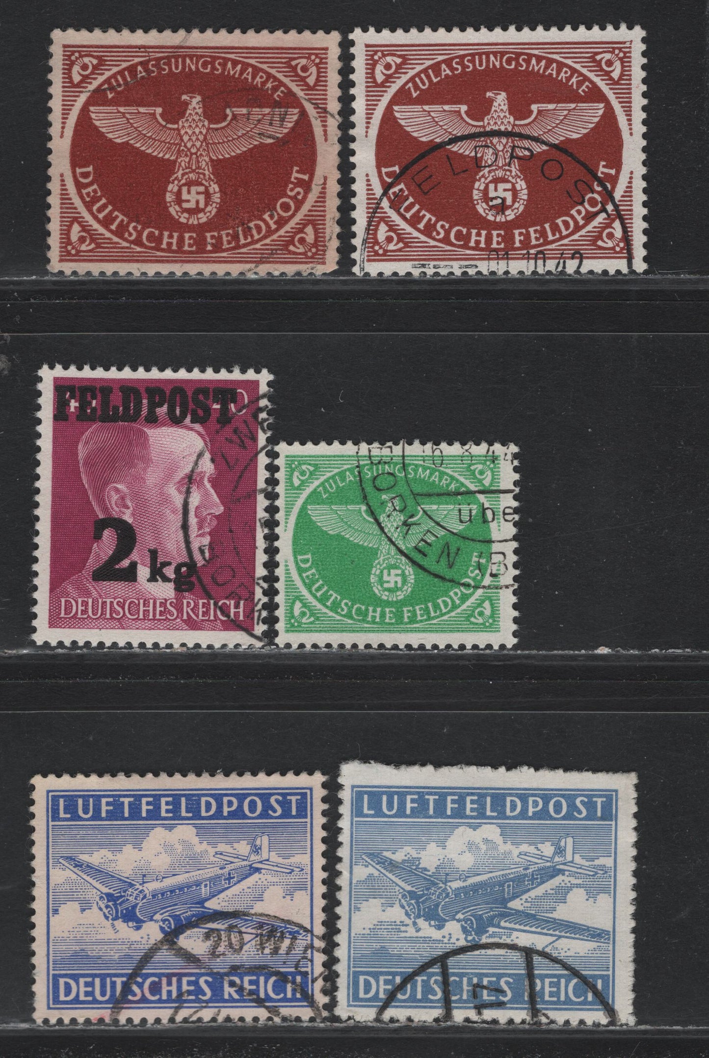 Lot 308 Germany SC#MC1-MC1a, MQ1-MQ3 (1Ay, 1By, 2Ax, 2Az, 3-4) Ultramainre - Bright Emerald , 1942-1944 Military Airpost - Military Parcel Post Issue, 6 Fine/Very Fine Used Singles, Postally Used & CTO Examples