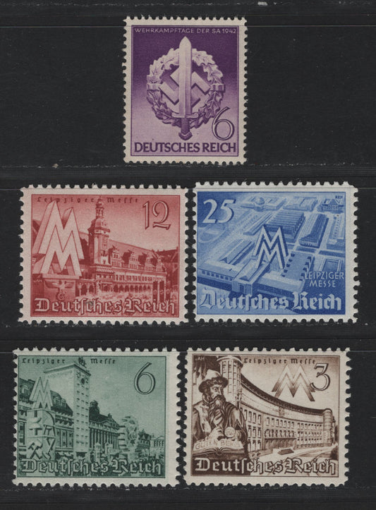Lot 309 Germany SC#494-497, 528 (739-742, 818) 3pf - 6pf Dark Brown - Purple, 1940-1942 Leipzig Fair - War Effort Day Issues, 5 F/VFNH Singles