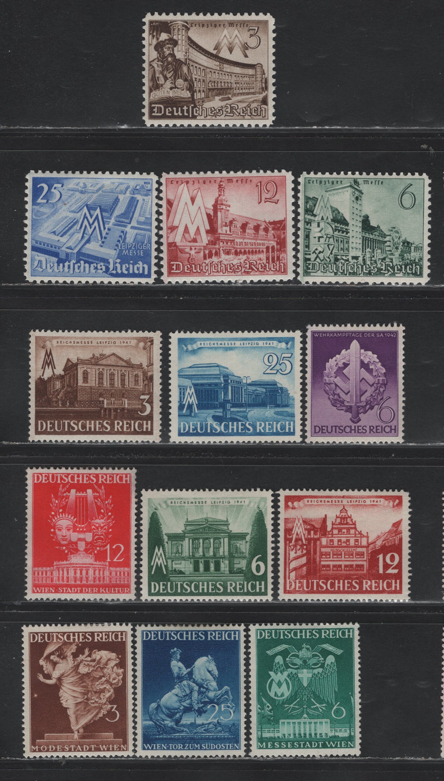 Lot 310 Germany SC#494-505,528 (739/818) 3pf - 6pf Dark Brown - Purple , 1940-1942 Leipzig Fair - War Effort Day Issues, 13 F/VFOG Singles, Small Thin On 50c