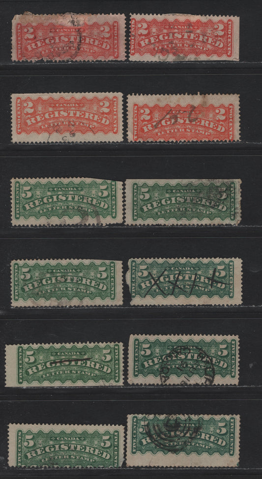 Lot 31 Canada #F1b, F1, F2, F2i 2c - 5c Orange - Dark Green, 1875-1896 Registration Issue, 12 Ungraded Used Singles, Useful For Shade & Paper Studies, Faulty Examples