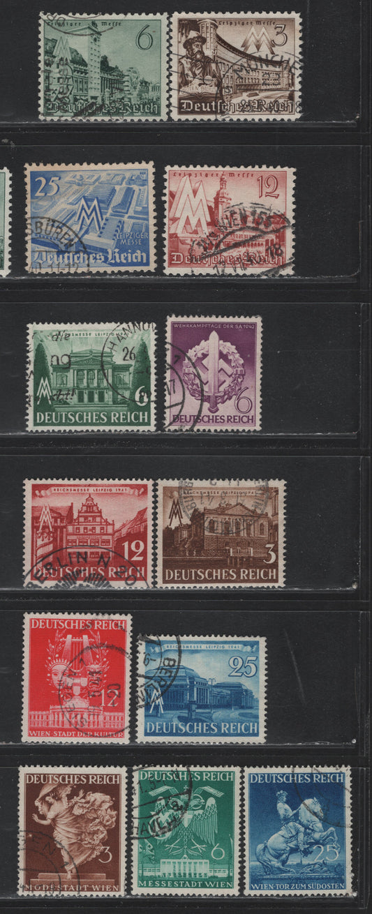 Lot 13 Germany SC#494-505 528 (739/818) 3pf - 6pf Dark Brown - Purple, 1940-1942 Leipzig Fair - War Effort Day Issues, 13 Fine/Very Fine Used Singles, As Lot 311 But Used