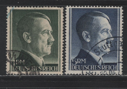 Lot 312 Germany SC#524, 527a (799B, 802B) 1rm - 5m Dark Slate Green - Dark Blue, 1941-1944 Hitler Heads Issue, 2 Fine/Very Fine Used Singles, Perf 14