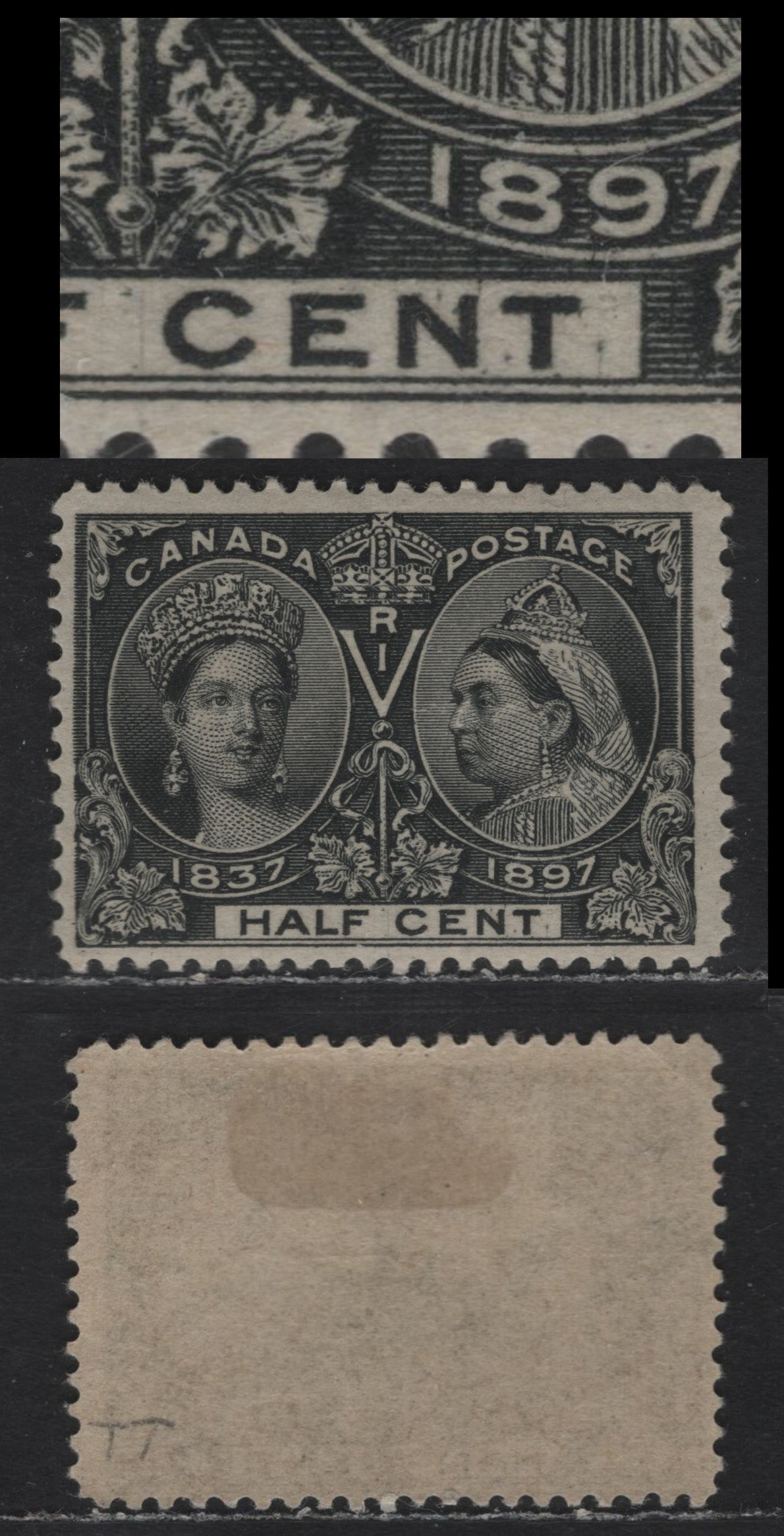 Lot 32 Canada #50 1/2c Black Queen Victoria, 1897 Diamond Jubilee Issue, A FOG Single, ABN-V Paper, Perf 12x12.1, ShowingSmall Dots Near NT of Cent.