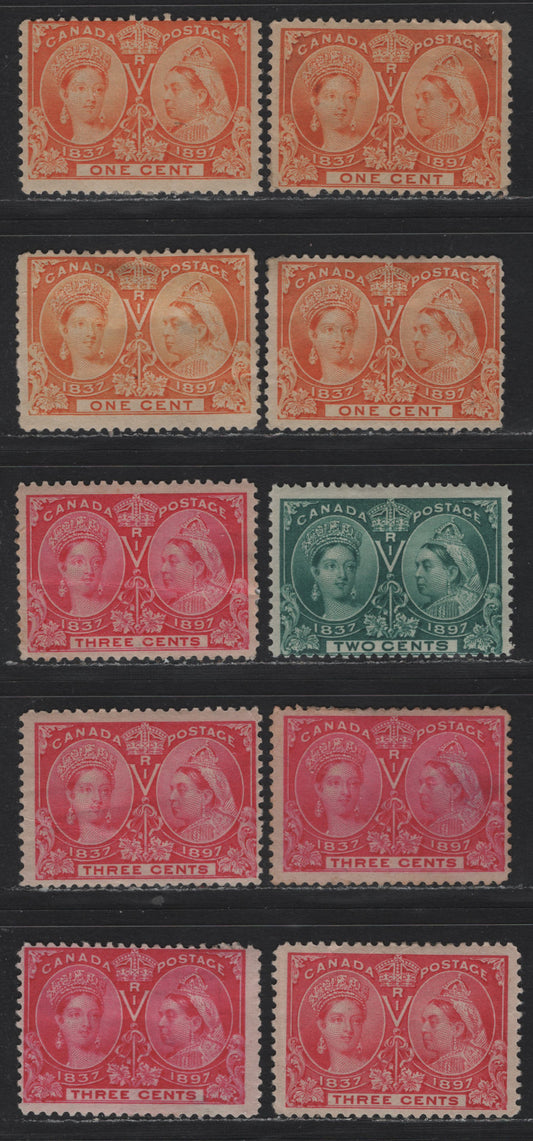 Lot 40 Canada SC#51, 51i, 52i, 53, 53i 1c-3c Orange, Yellow Orange, Deep Green, Bright Rose, Rose, 10 Fair-Fine OG Singles On Various Papers, Completely Unchecked As To Specific Types & Perfs, Several With Small To Moderate Faults