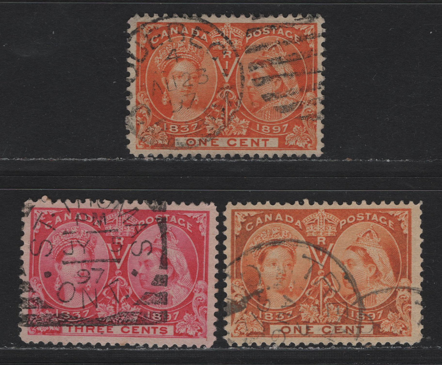 Lot 41 Canada SC#51, 51i, 53 1c, 3c Orange, Yellow Orange, Rose, 3 Fine & VF Used Singles On ABN-U Paper, Perf. 12 x 11.9, 11.9 x 12,  and 12 x 11.9, August 15, 1897 Quebec CDS and July 5, 1897 St. Thomas Squared Circle Cancels