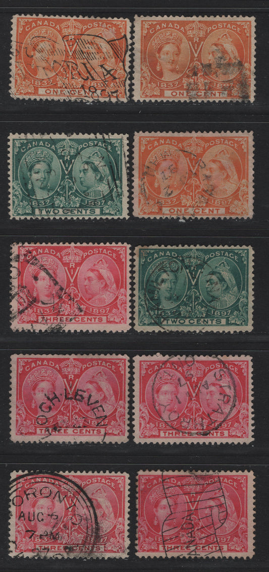 Lot 42 Canada SC#51, 52, 52i, 53 1c-3c Orange, Yellow Orange, Deep Green, Bright Rose, Rose, 1897 Diamond Jubilee Issue, 10 VG & Fine Used Singles On Various Papers, Completely Unchecked As To Specific Types & Perfs, Several With Minor Creases