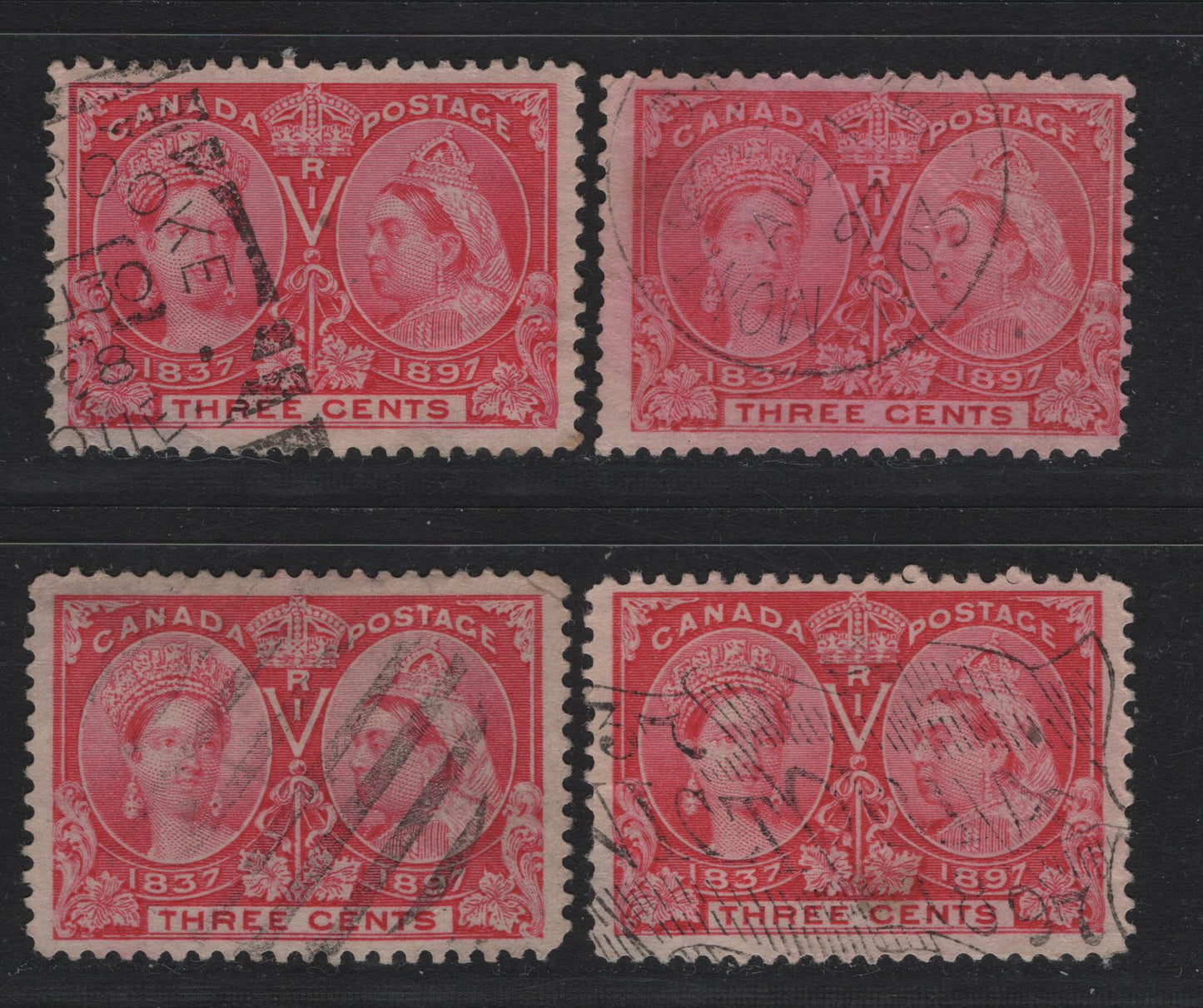 Lot 43 Canada SC#53 3c Bright Rose Queen Victoria, 1897 Diamond Jubilee Issue, 4 VG to Fine Used Singles On ABN-U Paper, Unchecked As To Perfs