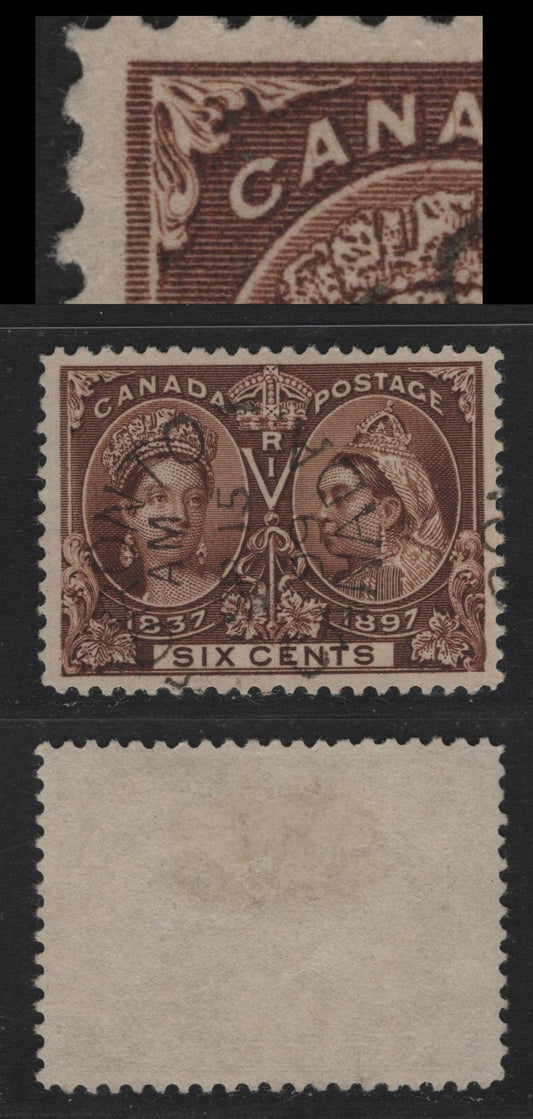 Lot 48 Canada SC#55 6c Deep Yellow Brown Queen Victoria, 1897 Diamond Jubilee Issue, A VF Used Single On ABN-QQQQ Paper, Perf. 12 x 11.8, September 15, 1899 Toronto Split Ring Cancel, Dot  In "V"