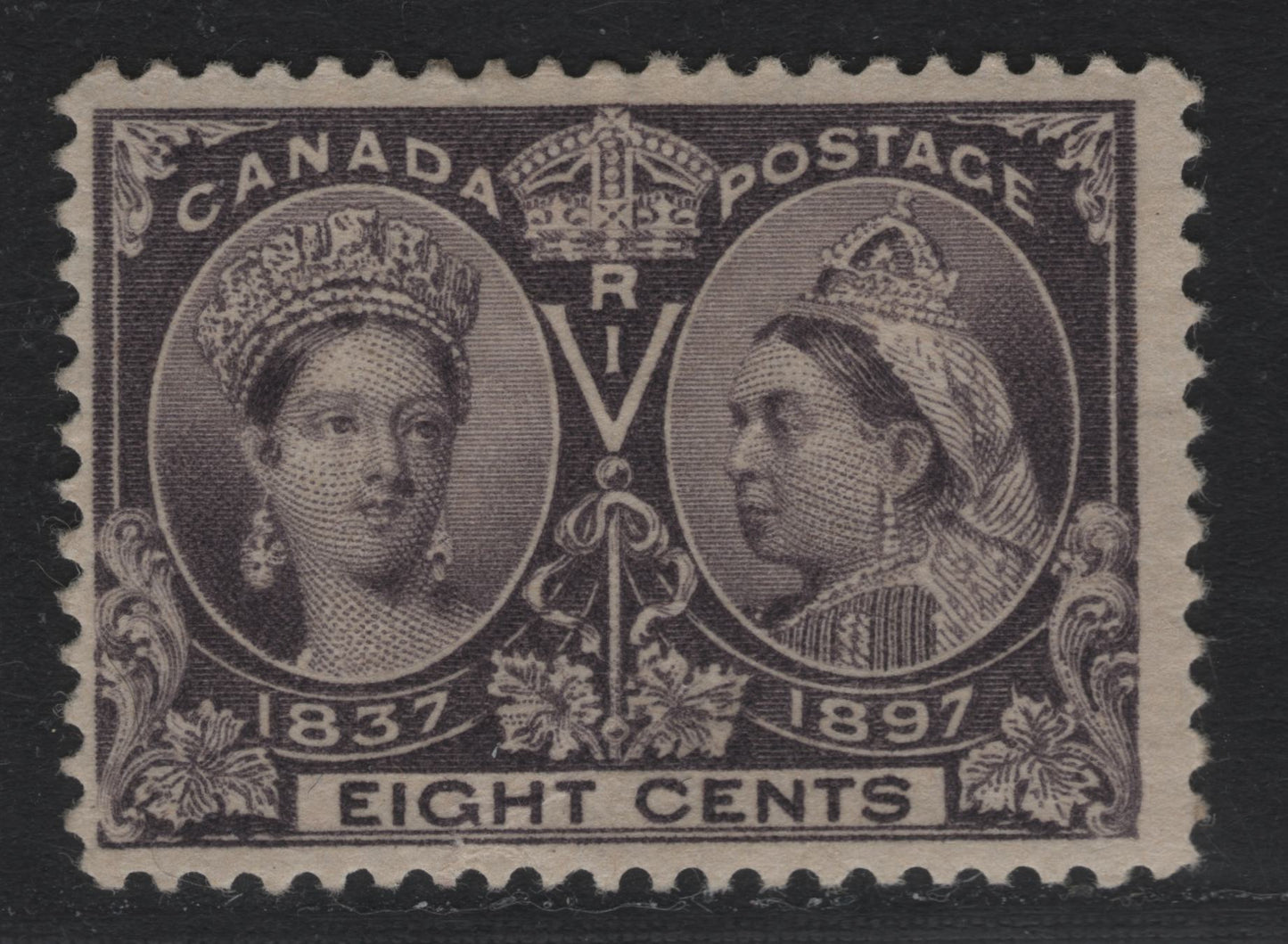 Lot 50 Canada SC#56 8c Blackish Violet Queen Victoria, 1897 Diamond Jubilee Issue, A VGOG Single On ABN-U Paper, Perf. 11.9 x 12, Small Wrinkle At GT Of Eight, Ending In Small Tear