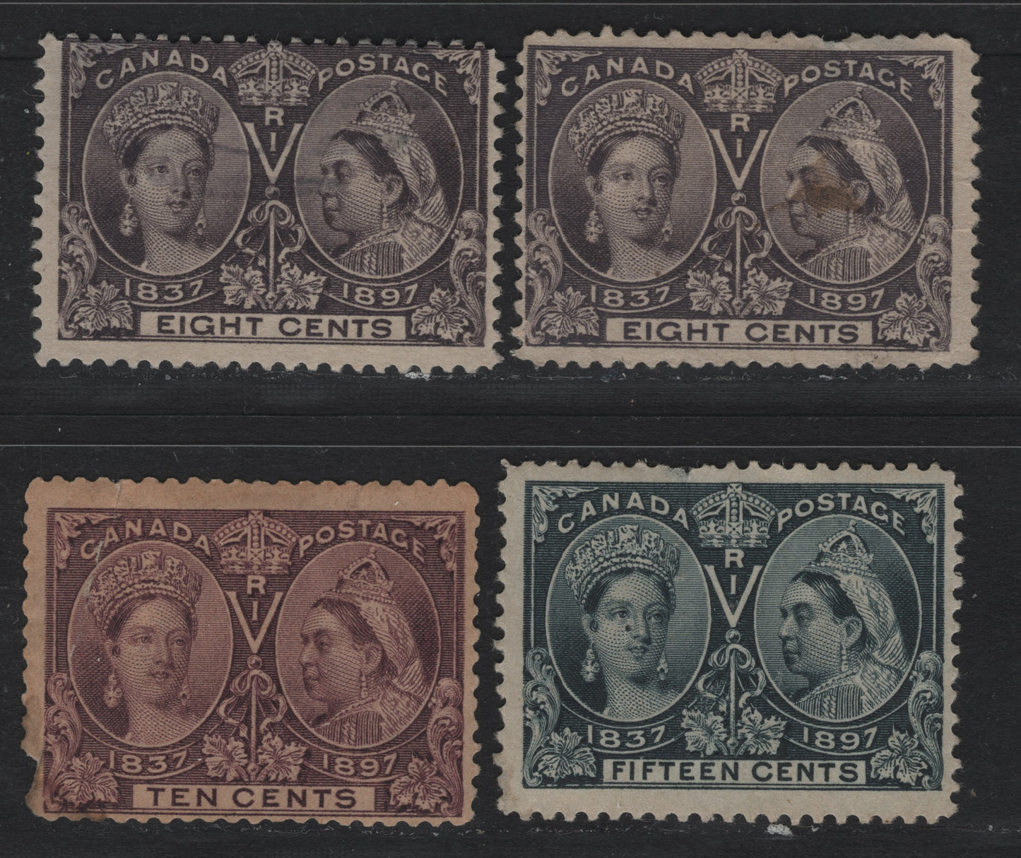 Lot 54 Canada SC#56-58 8c-15c Brown Violet - Blue Black Queen Victoria, 1897 Diamond Jubilee Issue, 3 Ungraded Mint/Unused/Used Singles Unchecked As To Papers, All With Moderate To Severe Faults