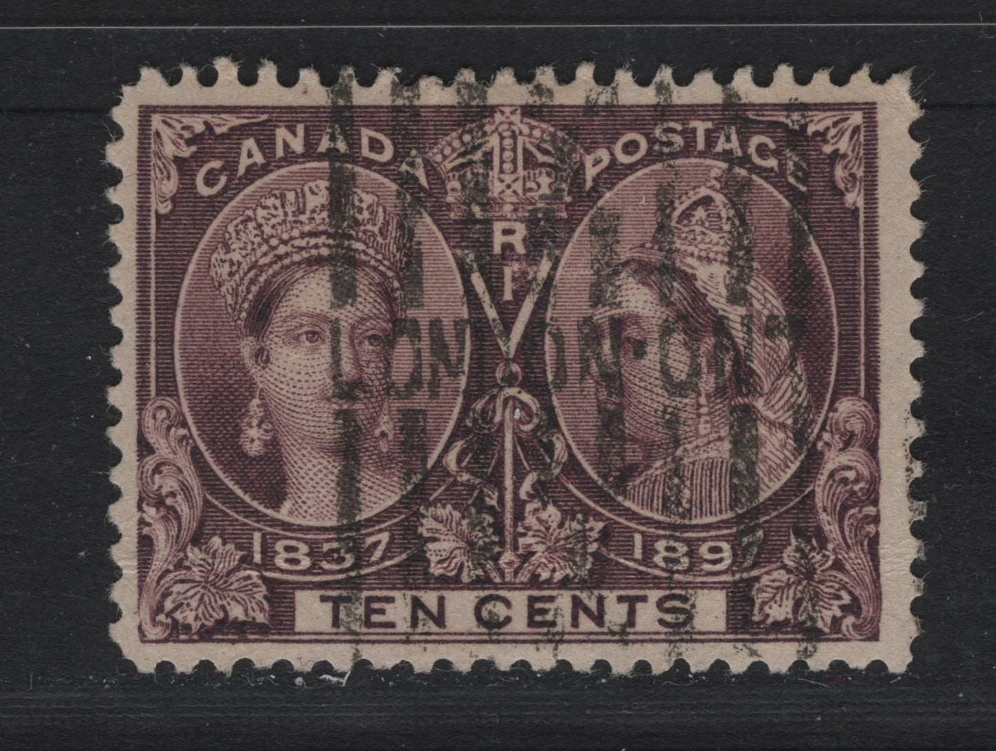 Lot 56 Canada SC#57 10c Deep Brown Violet Queen Victoria, 1897 Diamond Jubilee Issue, A Fine Used Single On ABN-AAAA Paper, Perf. 12, Toronto ON Roller Cancel