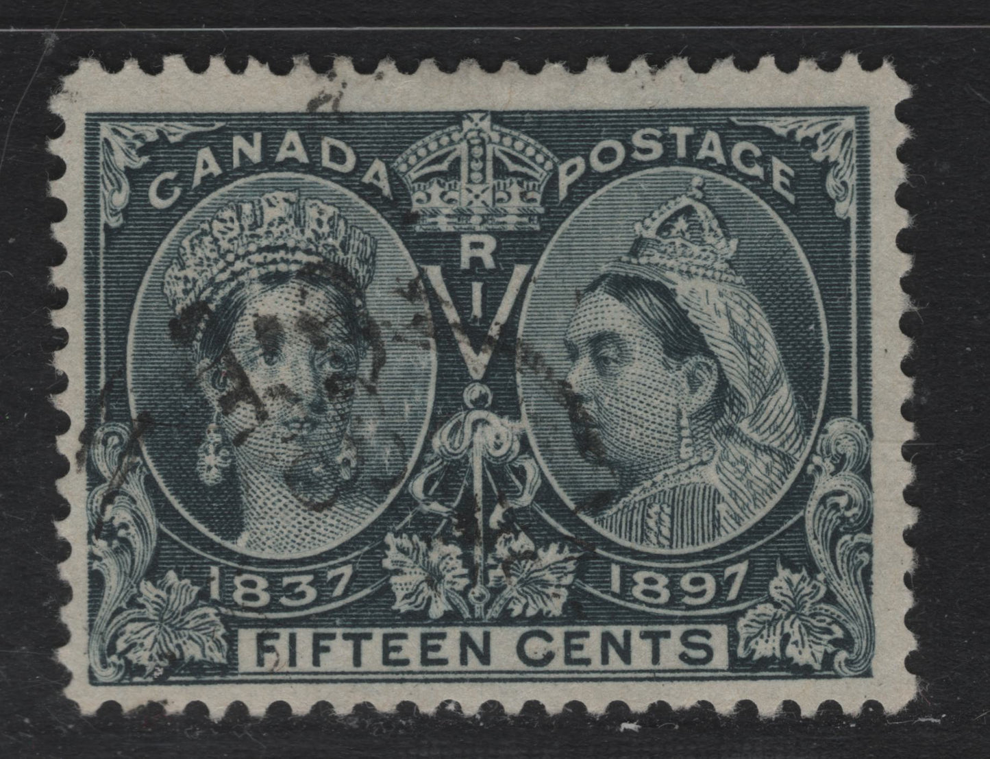 Lot 60 Canada #58 15c Blackish Blue Queen Victoria, 1897 Diamond Jubilee Issue, A Fine Used Single, ABN-W Paper, Perf 12x11.8, Very, Very Light Hinge Thin, Requires Back Lighting To See.