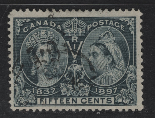Lot 60 Canada #58 15c Blackish Blue Queen Victoria, 1897 Diamond Jubilee Issue, A Fine Used Single, ABN-W Paper, Perf 12x11.8, Very, Very Light Hinge Thin, Requires Back Lighting To See.