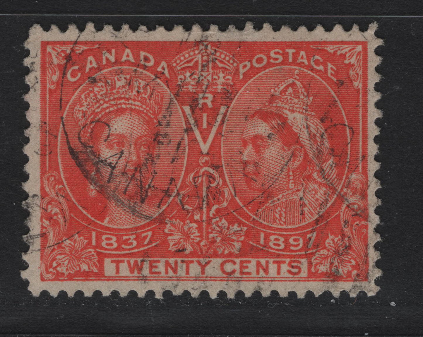 Lot 65 Canada #59 20c Vermillion Queen Victoria, 1897 Diamond Jubilee Issue, A Very Good Used Single, ABN-AAAA Paper, Perf 12x11.9, Shallow Hinge Thin At Top.