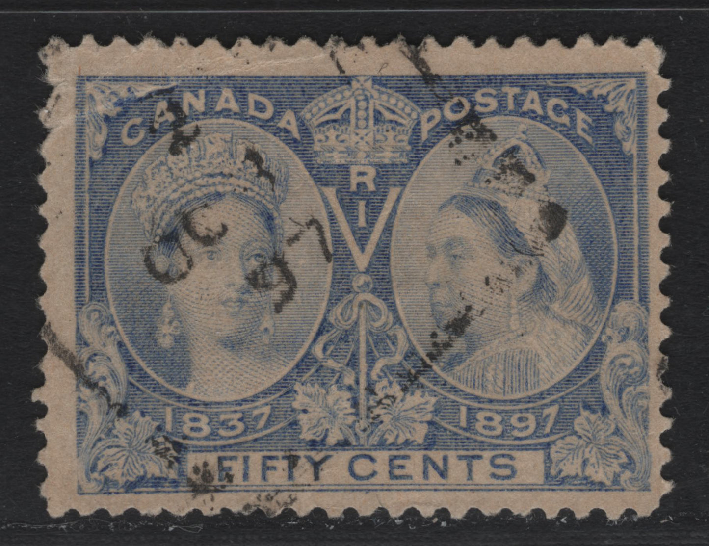 Lot 69 Canada #60 50c Ultramarine Queen Victoria, 1897 Diamond Jubilee Issue, A Good Used Single, ABN-W Paper, Perf 11.8x11.9, Corner Crease At UL & Pulled Perf, Some Light Fading Of The Color, October 1 1897 Squared Circle Cancel For Unidentified Town.