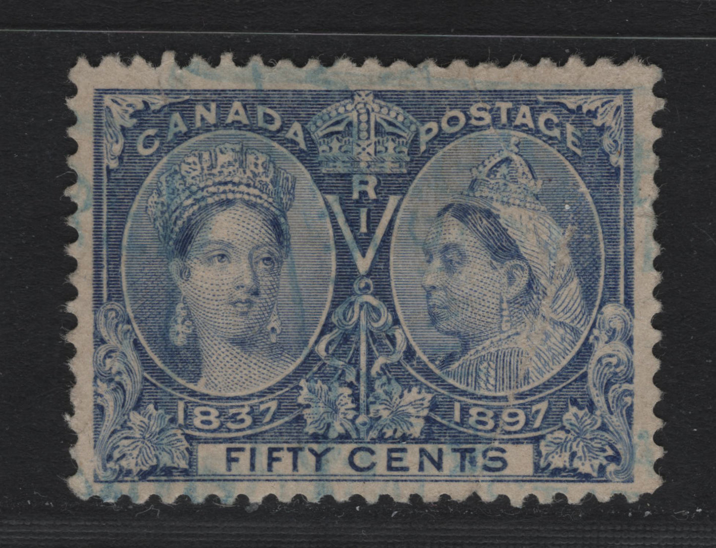Lot 70 Canada #60i 50c Deep Ultramarine Queen Victoria, 1897 Diamond Jubilee Issue, A Good Used Single, ABN-AAAA Paper, Perf 12x11.9, Two Diagonal Creases.