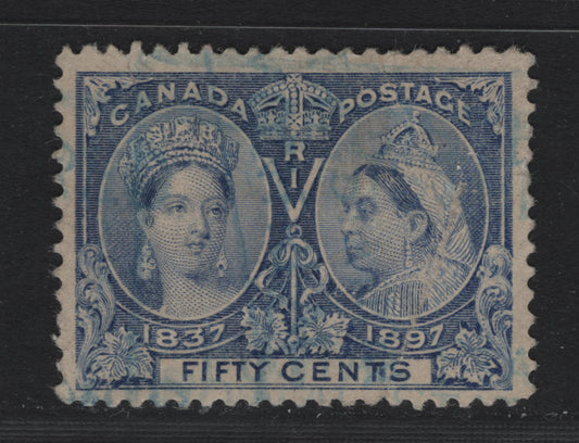 Lot 70 Canada #60i 50c Deep Ultramarine Queen Victoria, 1897 Diamond Jubilee Issue, A Good Used Single, ABN-AAAA Paper, Perf 12x11.9, Two Diagonal Creases.