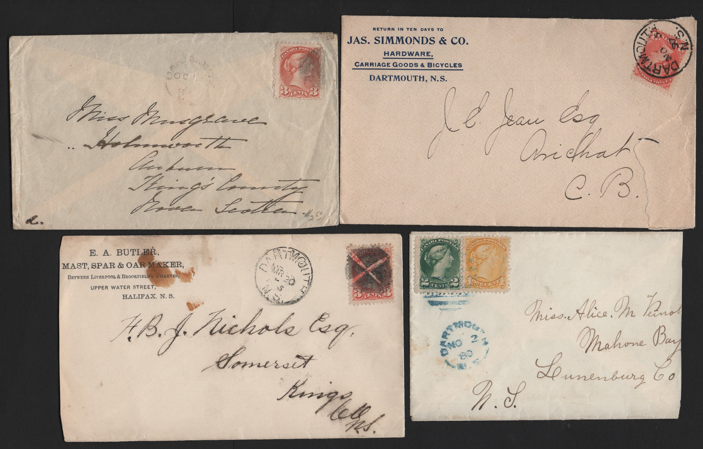 Lot 72 Canada (C) #35iii,36e, 37,c 1c - 3c Yellow - Dull Red Queen Victoria, 1870-1893 Small Queen Issue, 4 Very Good/Fine Used Covers, Dartmouth Small Queen Covers, Sent Between 1880-1897 At 3c Rate