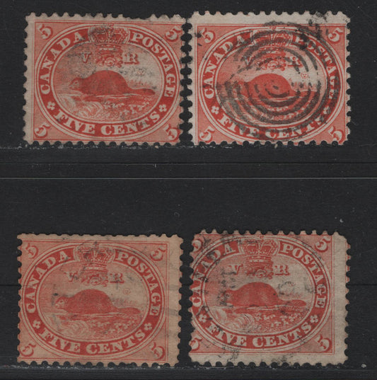Lot 8 (C) Canada #15 5c Vermillion Beaver, 1859-1864 First Cents Issue, 4 Good/Very Good Used Singles, Horizontal Wove Paper, Unchecked As To Specific Types, Generally With Small Faults, All Perfs 12 Or 12x11.9.